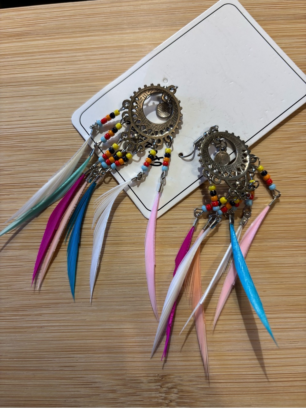 Boho Multi-Color Feather Dangle Earrings - Picture 2 of 3